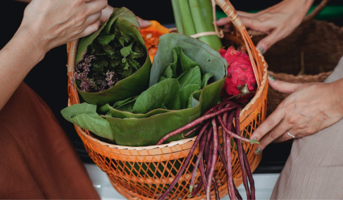 Fruit and vegetable basket in hands